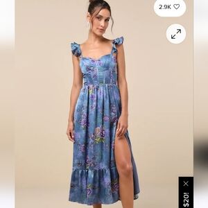 Lulu's Blue Floral Midi Dress with Ruffle Straps